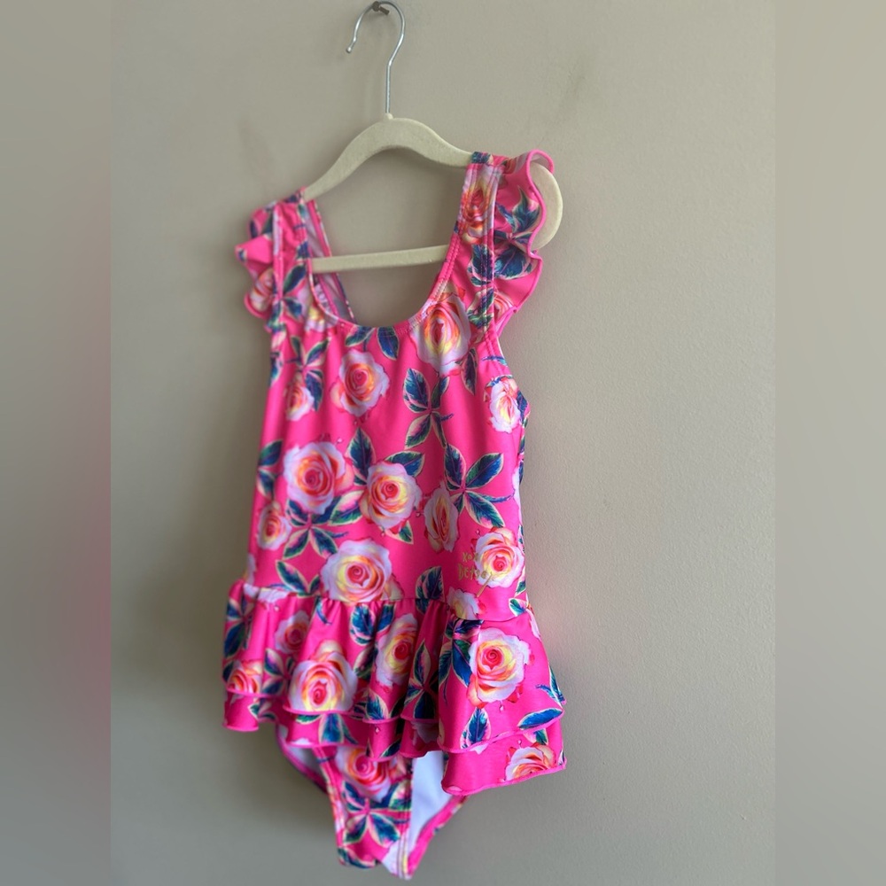 Betsey Johnson | KIDS Floral Pink Ruffle Swimsuit, Size 7/8 - Picture 6 of 8